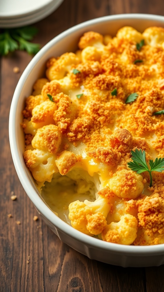Cheesy cauliflower casserole with breadcrumbs, served in a white dish, garnished with parsley on a wooden table.